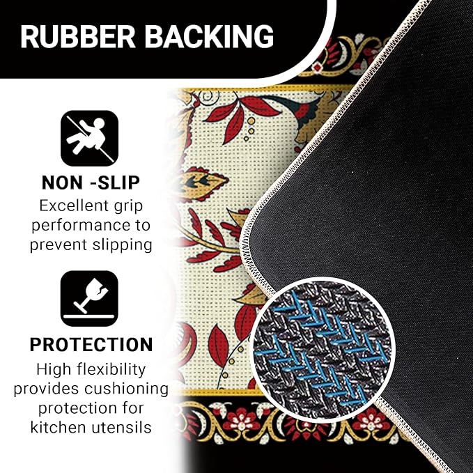 Vintage Floral Kitchen Rugs Set of 2, Traditional Ethnic Paisley Flowers Floor Mats Home Decor, Retro Ornate Door Mat Decorations - 17x29 and 17x47 Inches
