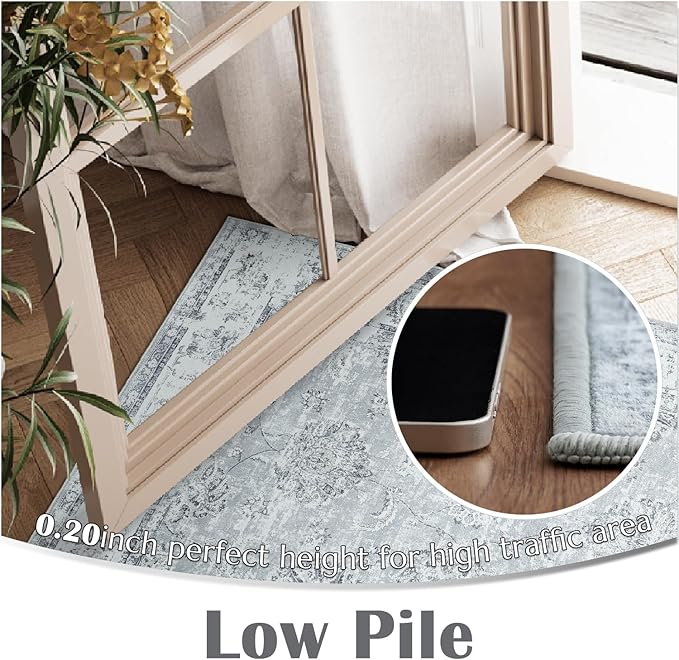 jinchan Fiora Washable Area Rug 3x5 Entryway Rug - Distressed Vintage Floral Ultra-Thin Low-Pile Soft Non-Shedding Indoor Floor Carpet for Kitchen Bedroom Entrance Laundry Living Room(3x5ft, Grey)