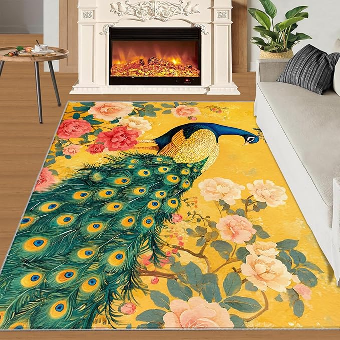 Classic Peacock Rug Large - 5x8 Rug, Peacock Peony Flower Washable Rugs for Living Room, Yellow Teal Turquoise Carpet, Non-Slip Area Rugs for Bedroom, Aesthetics Carpet - Peafowl Home Decor & Gifts