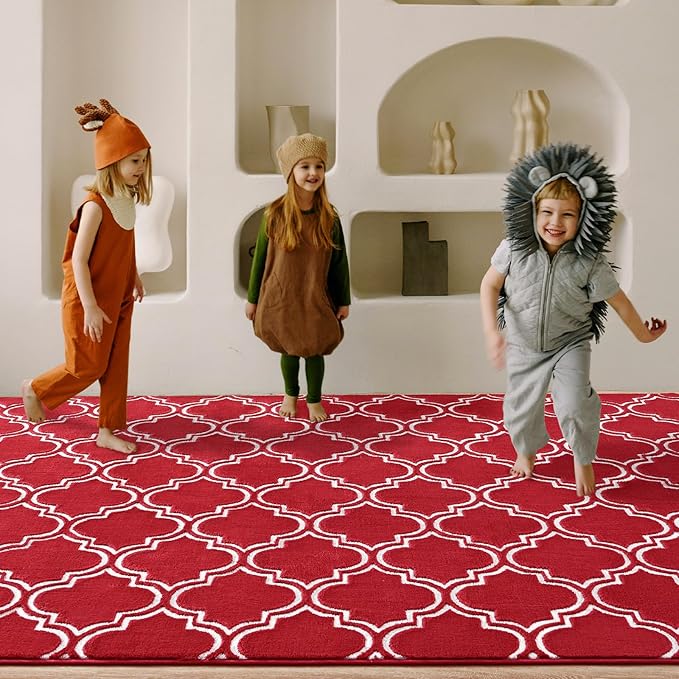 Amearea Fluffy Indoor Trellis Rug, Soft Moroccan Home Rugs for Bedroom, Shag Modern Area Rug for Living Room Kids Room Nursery, Easy Clean, Home Decor Low Pile Carpet, Wine Red 4x6 Feet