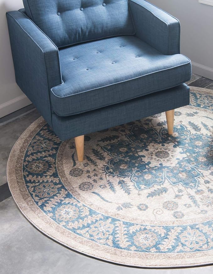 Unique Loom Salzburg Collection Classic Traditional Design Oriental Inspired Border Area Rug (8' 0 x 8' 0 Round, Beige/Blue)