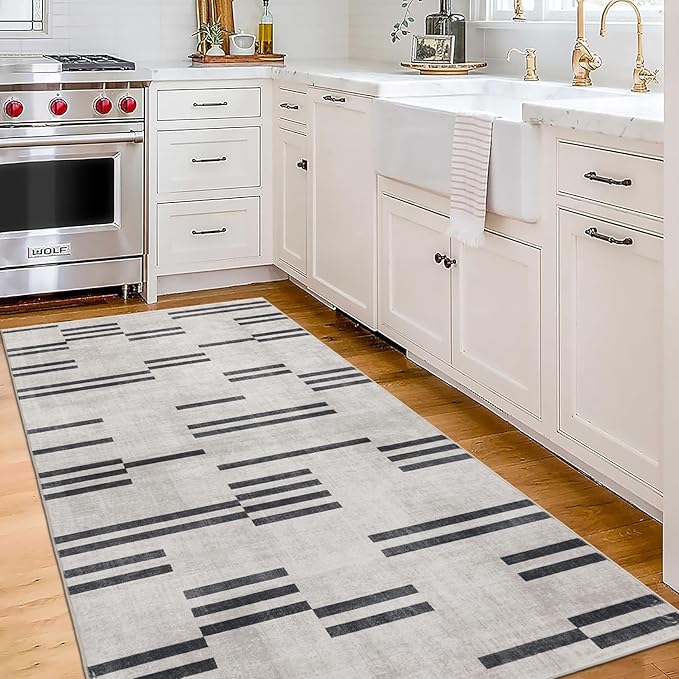 ReaLife Rugs Machine Washable Area Rug Runner - Living Room Bedroom Bathroom Kitchen Entryway Office -Non-Slip Baking Low Pile Stain Resistant Premium - Modern Geometric - Loki-Beige & Black 2'6" x 8'
