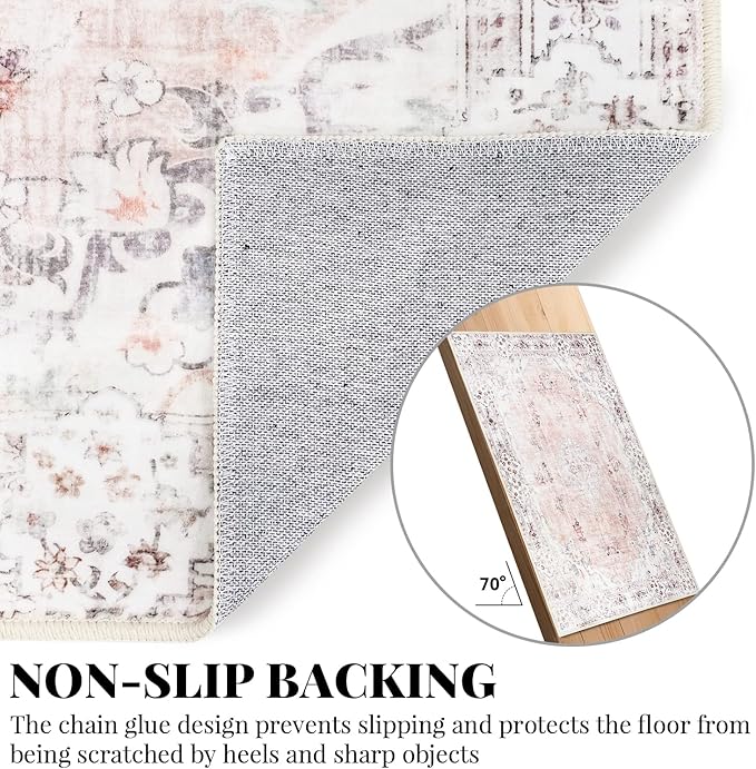 MUJOO Pink Rug 8'x10' Area Rugs for Living Room Washable Large Boho Rug for Bedroom Non Slip Abstract Soft Low-Pile Floral Flowers