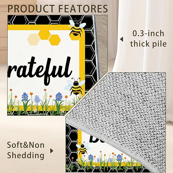 Bee Grateful Rug for Living Room 3x5, Low Pile Non-Slip Backing, Machine Washable Easy Fold Rug for Home, Office, Dorm Room