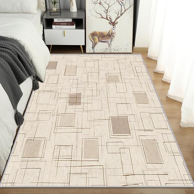 Geometric Rug, Washable 4x6 Rug for Living Room, Modern Abstract Patterned Indoor Carpet, Geometric Decor for Home, Bedroom, Soft Non Slip Thin Design FER56