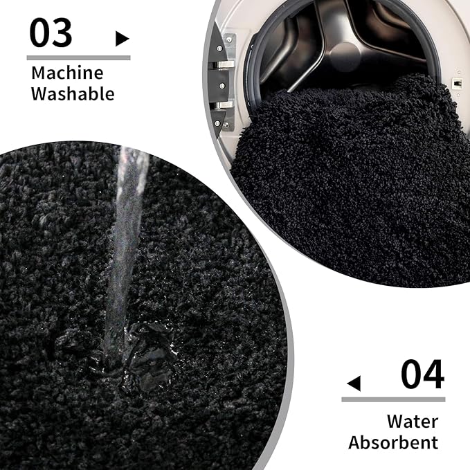 Small Bathroom Rug 17x24 Non Slip Black Fluffy Bath Mat for Bathroom Floor Washable Plush Luxury Bath Rug for Tub Soft Shaggy Shower Mat