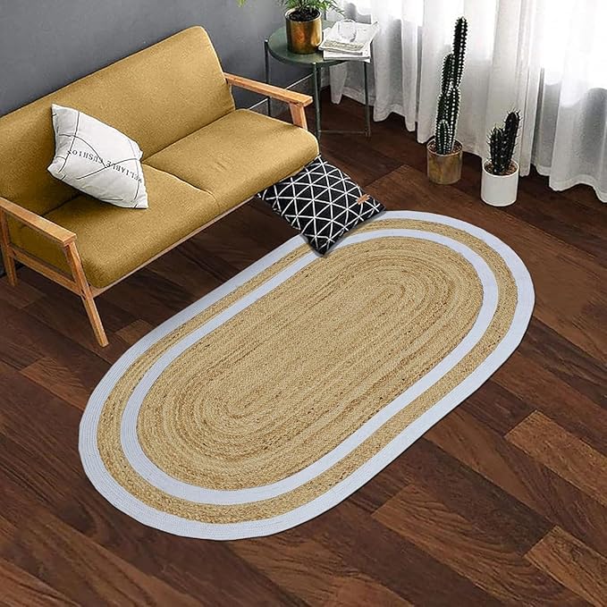 Oval Runner 2.6x16 Kilim Jute Runner Natural Oval Thick 0.27" Solid Design Beige White Hand Braided Jute Flatweave Mat Handmade Boho Indoor Outdoor Rugs for Hallway Enterway Staircases Corridor