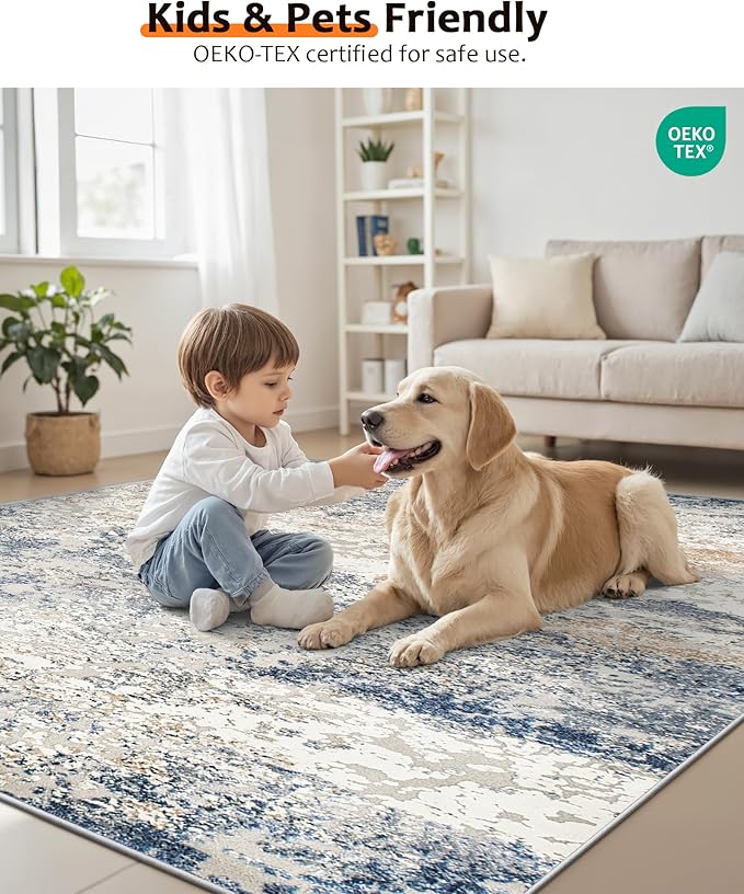 Art&Tuft Washable Rugs 6x9, Abstract Area Rugs for Living Room - Non Slip and Low Pile Soft Thin 6x9 Rug for Bedroom, Dining Room, Kitchen, Office, Blue