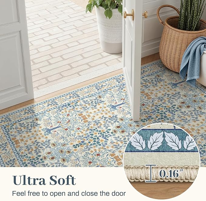 5x7 Area Rugs Living Room Rug - Floral Vintage Morris-Inspired Washable Carpet, Low Pile Non-Shedding Stain Resistance Boho Soft Carpet for Bedroom, Dining Room, Office, Farmhouse (5'x7' Blue/Orange)