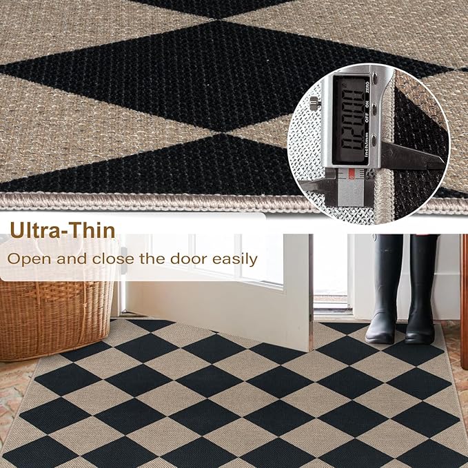 Easy Jute Black Checkered 5x7 Area Rug, Washable Modern Outdoor Rug for Patio Non-Slip Diamond Rugs for Living Room, Neutral Farmhouse Floor Carpet for Bedroom Dining Room Classroom