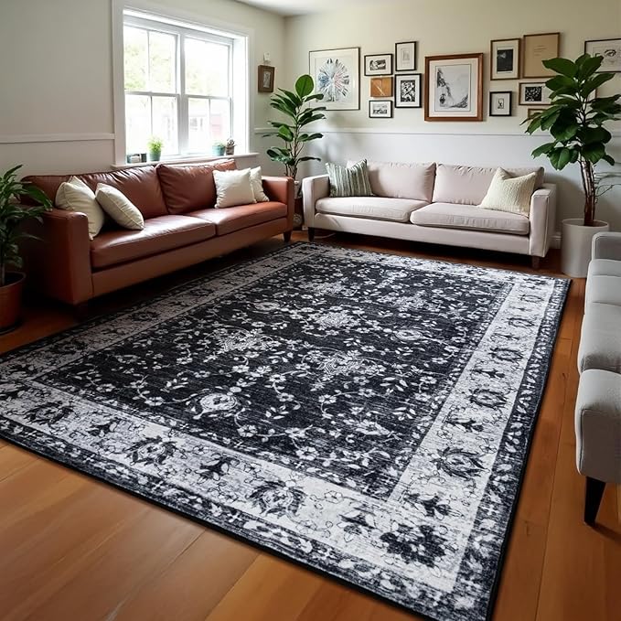 Area Rug for Living Room, 9x12 Machine Washable Non Slip Large Faux Wool Throw Rug, 0.3″ Low Pile & Non-Shedding Boho Large Carpet Rugs for for Dining Room, Bedroom, Office (Black White)