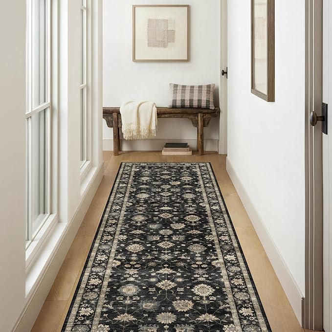 Kitchen Runner Rugs Non Skid Washable - 2.5x8ft Long Charcoal Black Boho Farmhouse Hallway Runner Rug Low Pile Vintage Moody Floral Carpet for Hallway Laundry Room Entryway Bedroom Foyer