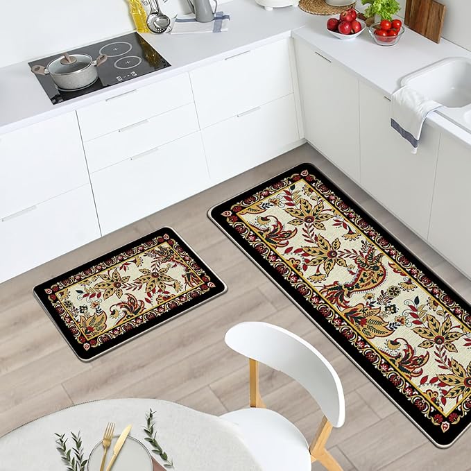 Vintage Floral Kitchen Rugs Set of 2, Traditional Ethnic Paisley Flowers Floor Mats Home Decor, Retro Ornate Door Mat Decorations - 17x29 and 17x47 Inches