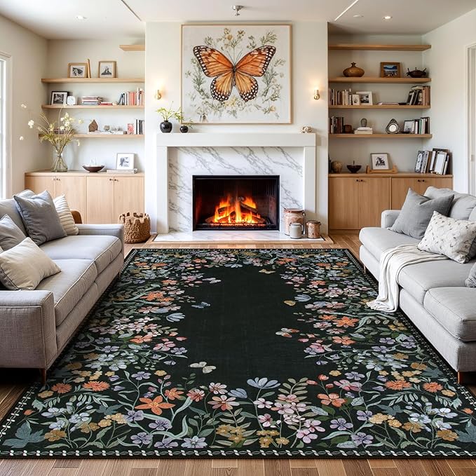 Wonnitar Washable 6x9 Area Rugs, Floral Print Large Living Room Rug, Non-Slip Soft Black Rugs for Bedroom, Ultra-Thin Vintage Botanical Rugs Carpet for Dining Room Guest Room (Black,6'x9')