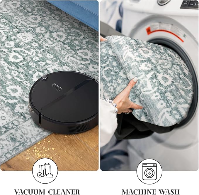 Vintage Floral 2x7 Runner Rug, Sage Green White Washable Kitchen Runner Rug Non-Slip Hallway Rug Runner Boho Super Soft Thin Printed Faux Wool Carpet for Entryway Bedroom Laundry Room Indoor