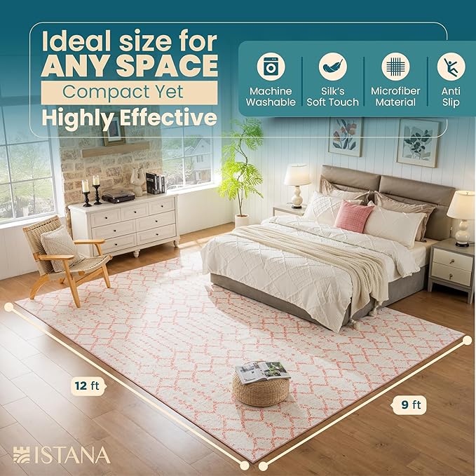 Istana 9x12 Area Rug - Pink 9 x 12 Area Rugs for Living Room - Foldable 9x12 Rugs for Bedroom/Living Room Rug - Stain Resistant Washable Rugs - Eco-Friendly Area Rugs
