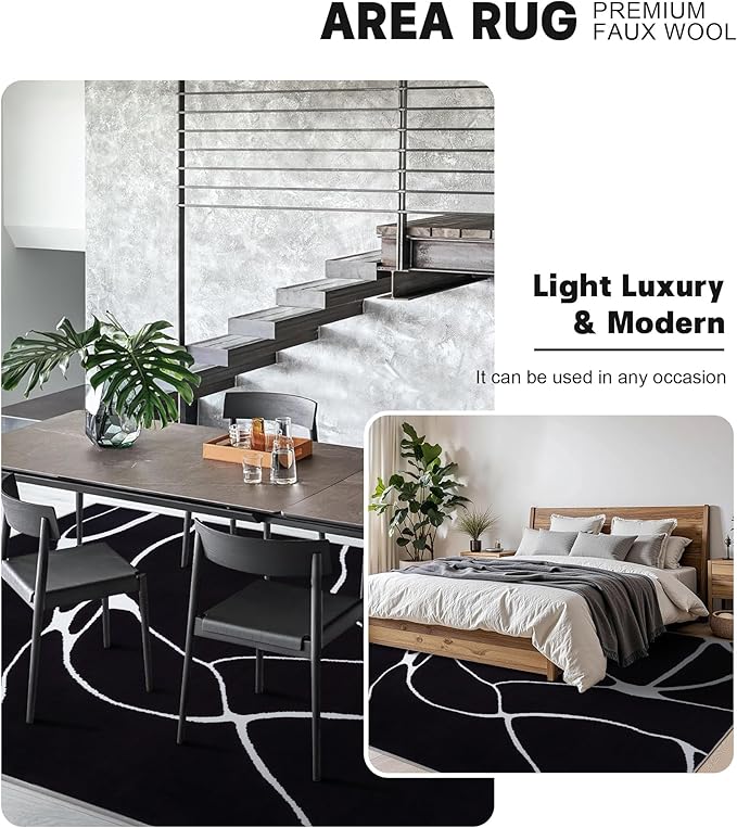 YIHOUSE Modern Washable Area Rug for Living Room Bedroom - Large Abstract Black and White Rug Non-Slip Ultra-Thin Home Decor (Dark Warping, 5'x7'ft)