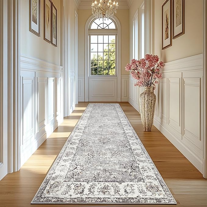 jinchan Fiora Long Hallway Runner Rug 2x12 Machine Washable Runner Rug Grey Vintage Floral Design Non-Slip Ultra-Thin for Kitchen Laundry Room Bedroom Farmhouse (2‘x12', Grey)