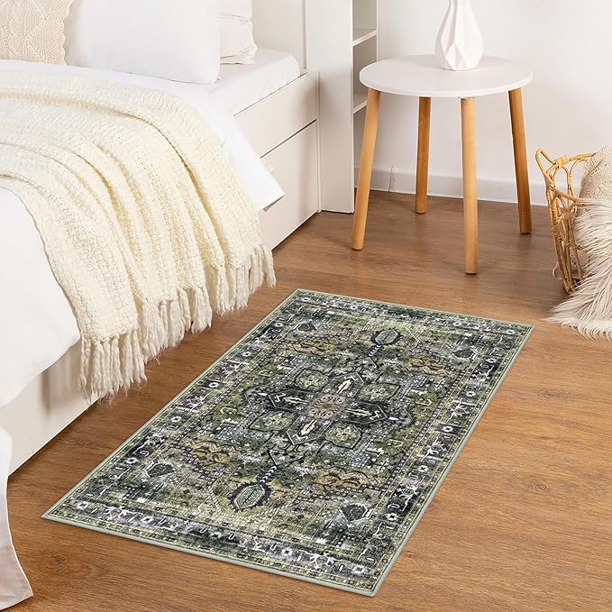 KOZYFLY Small Area Rug 2x3 Ft Rugs for Entryway Washable Boho Entry Rug Non Slip Door Mat Indoor Entrance Faux Wool Vintage Printed Kitchen Rug Throw Rugs for Entrance Kitchen, Charcoal/Green/Olive