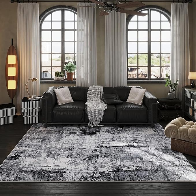 Rugcomf 9x12 Washable Boho Rug - Soft, Non-Slip, Non-Shedding Faux Wool Vintage Rug for Living Room, Dining Room, Kids Playroom, Indoor - Grey and Black