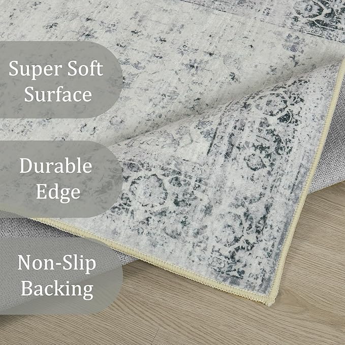 Morebes Vintage Hallway Runner Rug 2x10,Machine Washable Kitchen Runner Rugs Non Skid Washable,Soft Distressed Non-Shedding Carpet Runner for Entryway Foyer Bedside Playroom,Grey