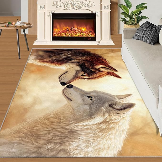 Wolf Rugs for Bedroom - 3x5 Area Rug - 3D Wolf Rugs for Living Room, Misty Forest Rug, Non-Slip Washable Home Decor Carpet