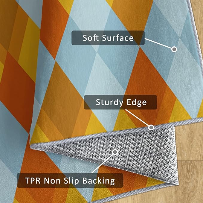 Washable 6x8 Diamond Rug Living Room, Geometric Orange and Blue Plaid Design Area Rugs for Bedroom, Diamond Home Decor Carpet, Low Pile, Non Slip, Kids & Pet Friendly (N4145)