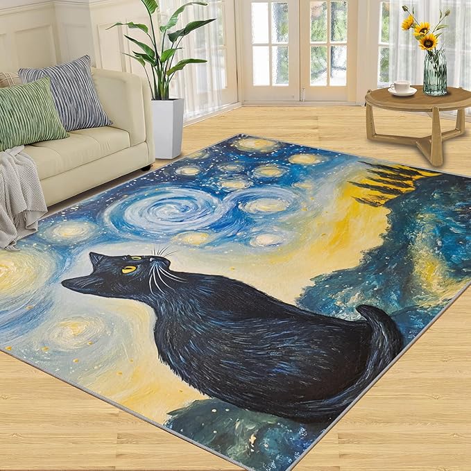 Black Cat Rugs for Bedroom - 5x8 Area Rug - Starry Sky Countryside Rugs for Living Room, Vintage Oil Painting Art Rug, Washable Home Decor Carpet