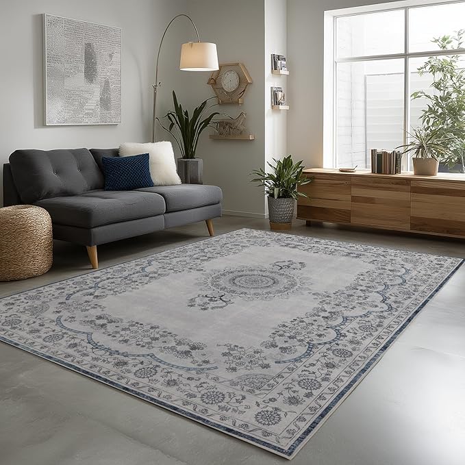 9x12 Area Rug Living Room Rugs, Stain Resistant Washable Rug, Vintage Large Non-Slip Backing, Low Pile Lightweight Print Rug for Bedroom Dinning Room Home Office (Grey/Blue)