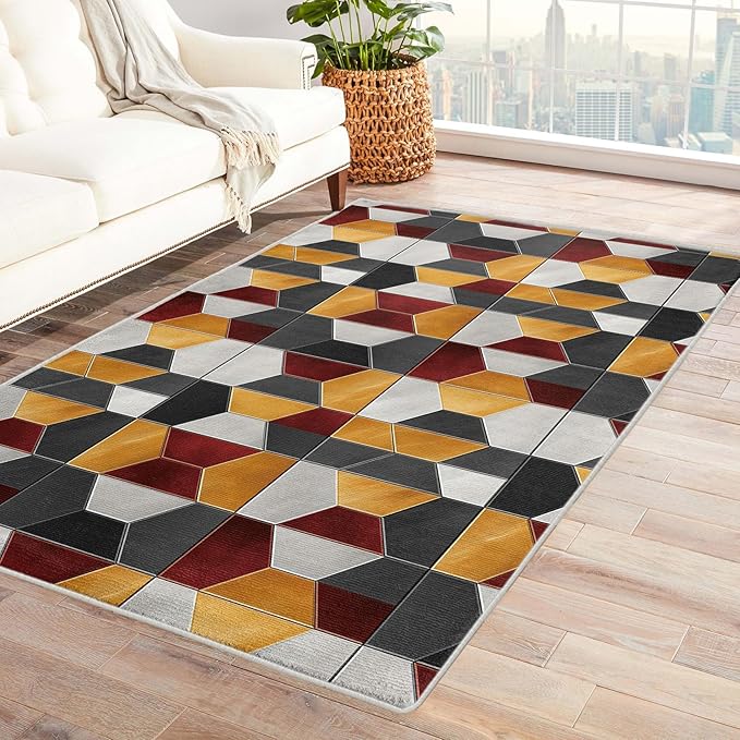 Modern Hexagon Rug, 3x4 Rug, Geometric Pattern Rugs for Living Room Bedroom, Modern Small Area Rug, Washable Rug Non Slip Soft Indoor Carpet, Modern Hexagon Home & Room Decor