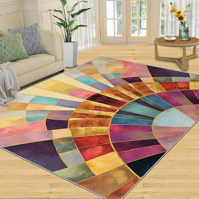 Chromatic Geometric Runner Rugs 2x4ft, Abstraction Deco Small Entryway Mats, Mosaic Sunburst Laundry Room Rug Non Slip Durable Throw Rugs for Front Door Bedroom Bedside