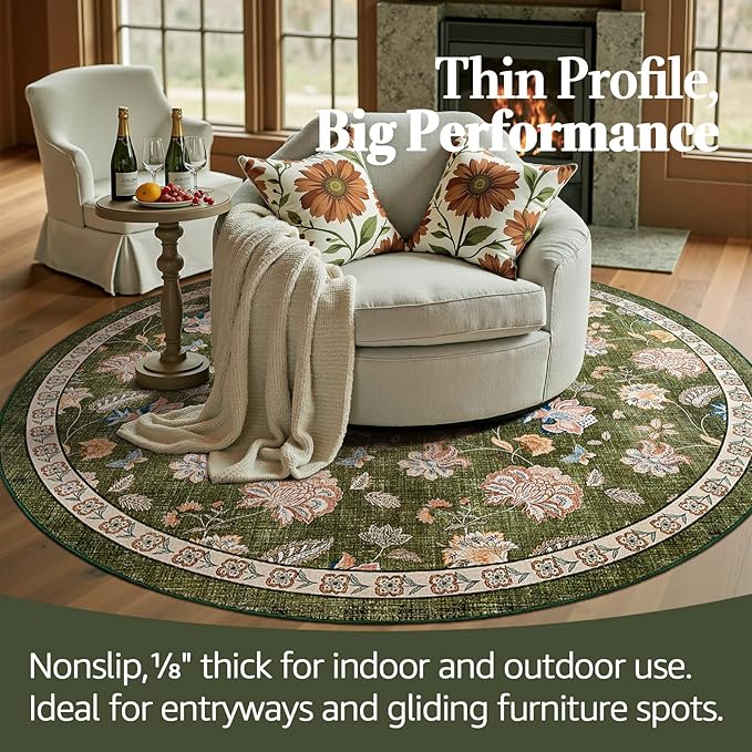 jinchan Elora 6ft Floral Round Rug for Dining Room Washable Living Room Rug Vintage Romance Design Non Slip Indoor Floor Cover Lightweight Low-Profile Throw Carpet for Bedroom Porch Patio, Green