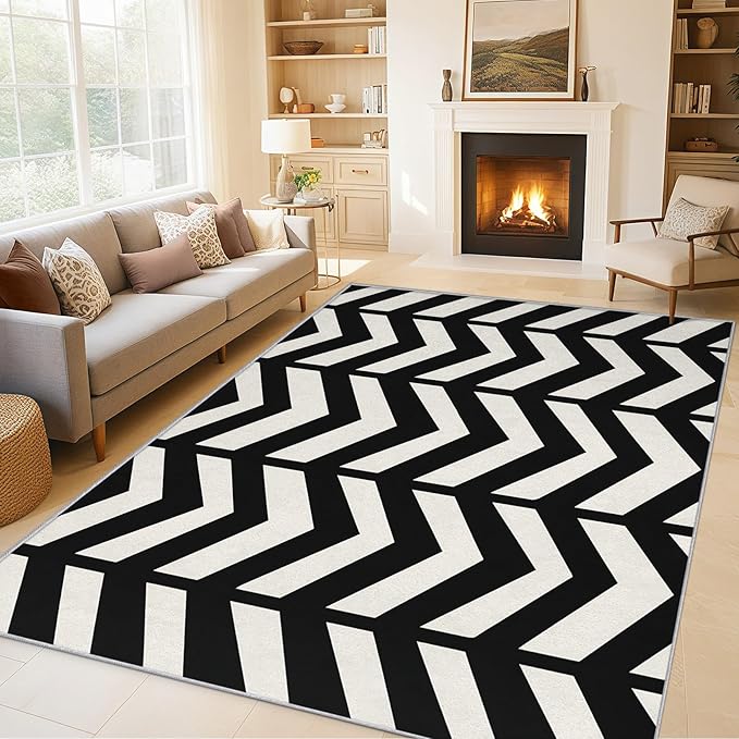 8x12 Black and White Chevron Rugs for Bedroom Decor, Washable Chevron Geometric Pattern Area Rug, Living Room Home Decoration, Non Slip Soft Thin, Modern Zigzag Decor Large Carpet PF-P 49