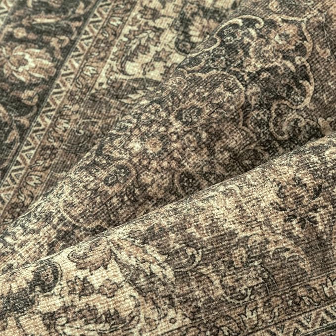 8x10 Washable Brown Area Rug Vintage Living Room Bedroom Carpet Non-Slip Soft Low Pile Distressed Indoor Large Throw Rug for Dining Room Office