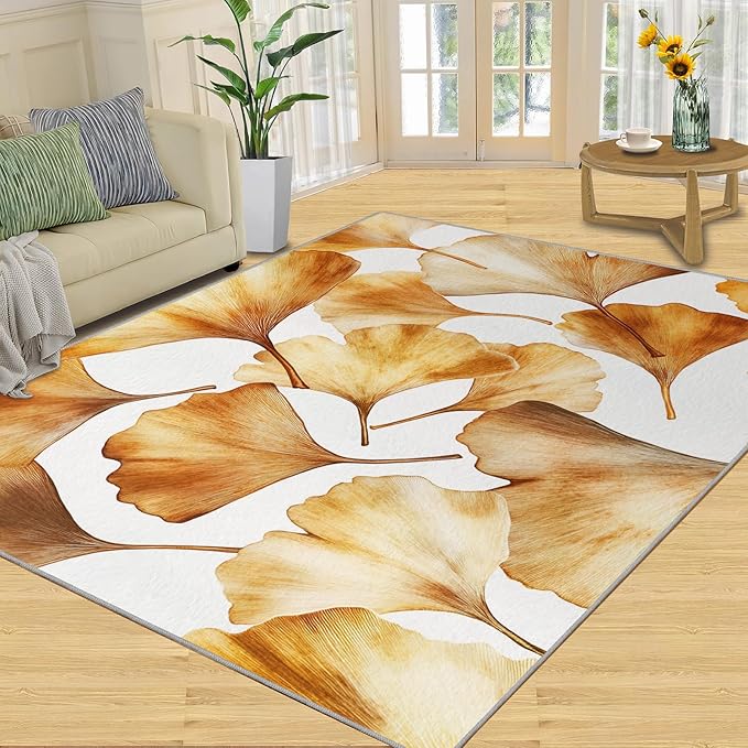 Golden Leaf Rugs for Bedroom - 6x8 Area Rug - 3D Ginkgo Leaf Rugs for Living Room, Modern Simple Art Rug, Non-Slip Washable Home Decor Carpet