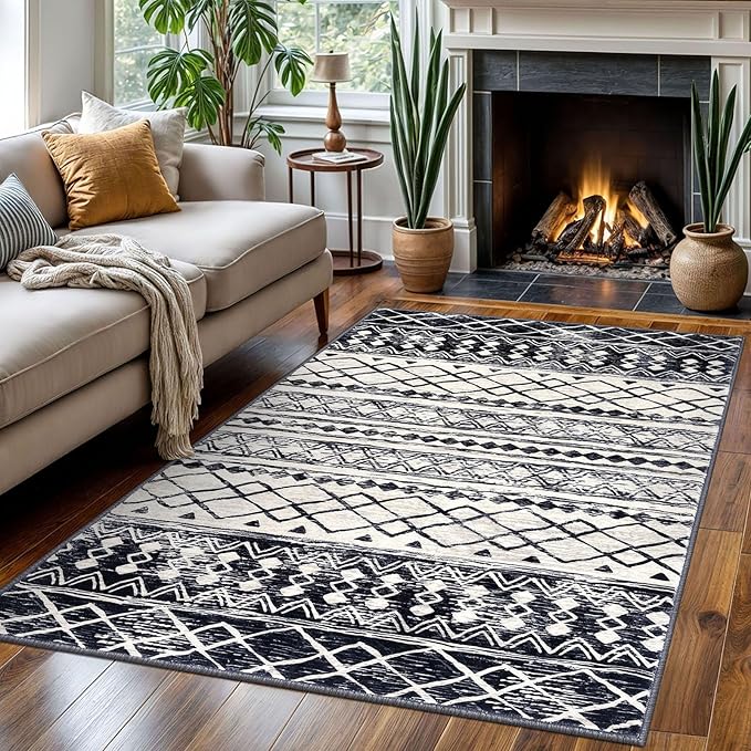 KUTA 4x6 Rug Boho Rugs for Living Room, Moroccan Washable Kitchen Rug Non Slip, Black Navy Blue Ultra Soft Print Geometric Entry Low-Pile Throw Carpet for Bedroom Nursery Dorm Decor