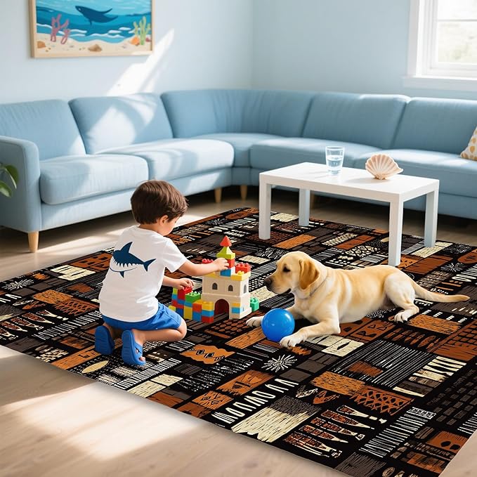 African Style Brown Orange Area Rug for Living Room, Non-Slip Backing Low Pile Modern Abstract Rug for Indoor Use, 3x5 Washable Carpet