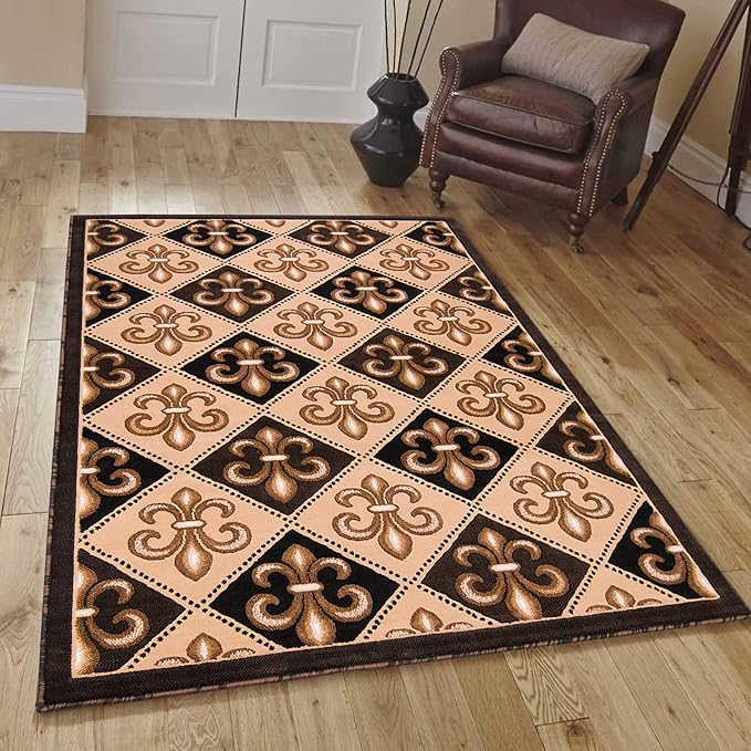 Allstar 8x10 Black Modern Rectangular Accent Rug with Ivory and Mocha Floral Fleur De Lis Diamond Design (8' x 10')