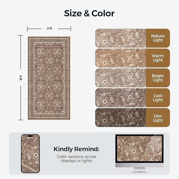 WITSHOCK Washable 2x4 Entryway Area Rug, Soft Non-Slip Rugs Vintage Flower Accent Small Rugs for Bedroom, Kitchen, Living Room, Nursery Entrance, Dark Brown