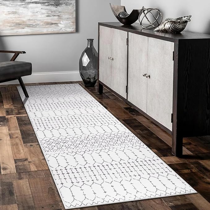 Lahome Moroccan Small Runner Rug 2x5 Rug Runner Non-Slip Washable Rug Runner Throw Lightweight Hallway Rugs Indoor Laundry Room, Geometric Print Carpet Runners for Bedroom Kitchen (White, 2'x5')
