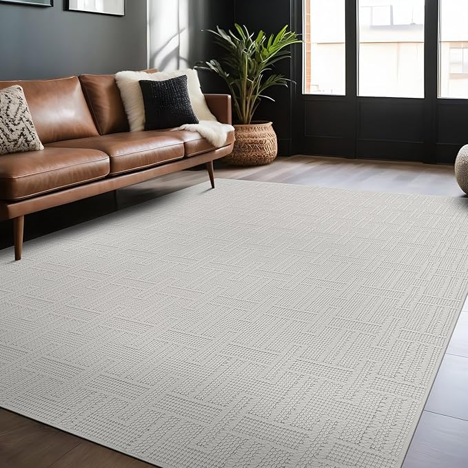 Micro Loop Indoor Rug White 5x7 Boho Geometric Neutral Area Rugs for Living Room Soft Luxury Modern Low and High Pile Durable Stain Resistant Non-Shedding Indoor Area Carpet 5 x 7