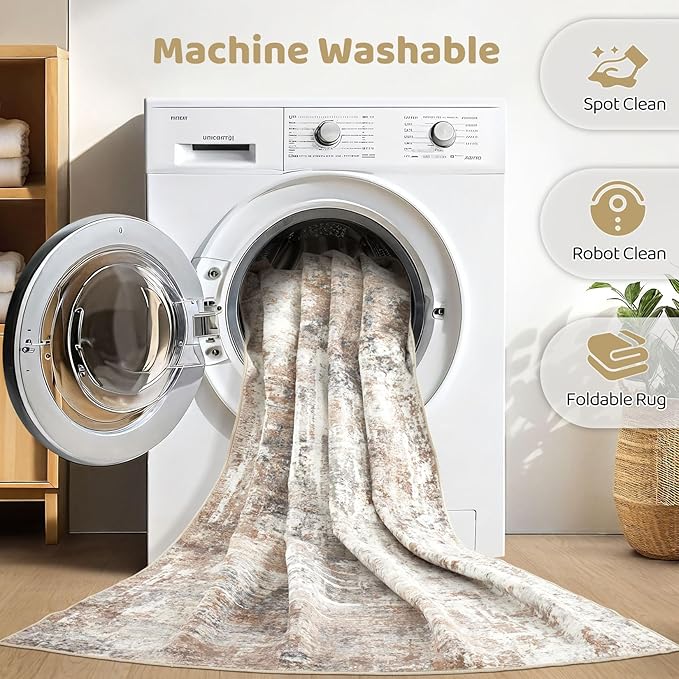 Runner Rug Kitchen Washable Rugs: 3x8 Non-Slip Abstract Soft Modern Stain Resistant Indoor Floor Neutral Accent Throw Carpet for Hallway Bathroom Laundry Room Entryway Bedroom- Brown