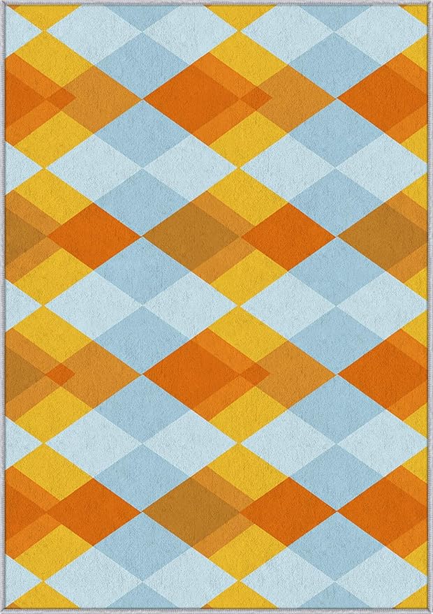 Washable 3x4 Diamond Rug Living Room, Geometric Orange and Blue Plaid Design Area Rugs for Bedroom, Diamond Home Decor Carpet, Low Pile, Non Slip, Kids & Pet Friendly (N4135)