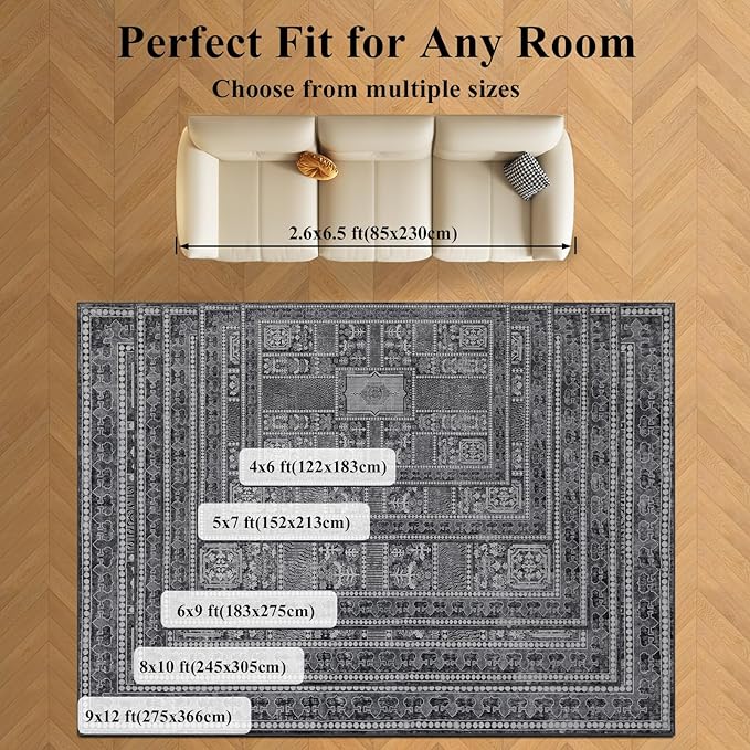 Washable Rugs 5x7 Area Rugs for Living Room, Thin Carpet for Bedroom, Soft Faux Wool Retro Dining Room Rug，Non Slip&Non-Shedding Resistant Low Pile Vintage Print Rug for Home Office (Grey)