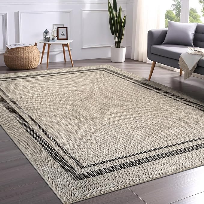 Beverly Rug Easy Jute Bordered Rug 5x7 Washable Durable Indoor Outdoor Area Rugs for Living Dining Room Patio Office Stain Resistant Non Shedding Casual Indoor Outside Carpet 5 x 7 Off-White