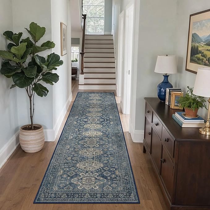 Bavni Washable Runner Rug 2’6”x10’, Non Slip Long Hallway Runner, Vintage Aesthetic Ultra Thin Low Pile Washable Carpet for Kitchen Bedroom, Blue