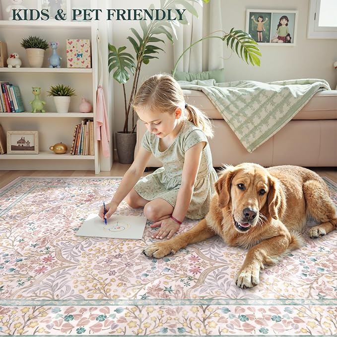 Lahome Floral Washable Area Rugs 5x7, Soft Pink Rugs for Living Room Bedroom, Boho Non Slip Low Pile Forest Stain Resistance Large Throw Carpet for Farmhouse Dining Room Office, Pink