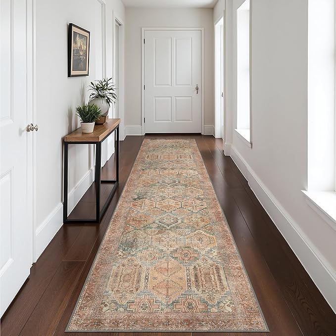 Bavni Kitchen Rug 2x8 Runner Rugs for Hallways Entryway, Washable Vintage Print Carpet, Ultra-Thin Chenille Low Pile Lightweight Rug with Non Slip Backing, Clay