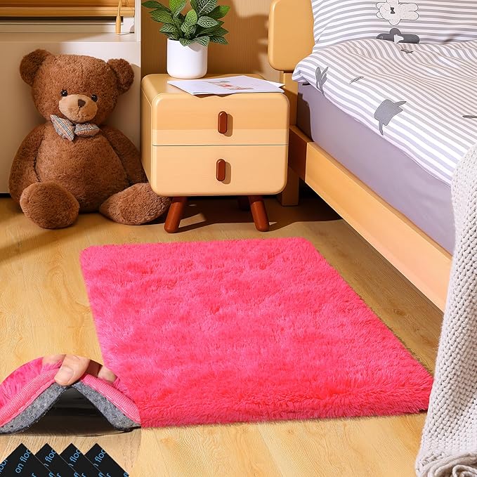 2x3 Rugs for Bedroom, Fluffy Small Area Rugs for Living Room, Soft Shag Fuzzy Carpet with 4 Non-Slip Stickers for Kids Boys and Girls Nursery Dorm Room Home Decor (Hot Pink, 2ft x 3ft)