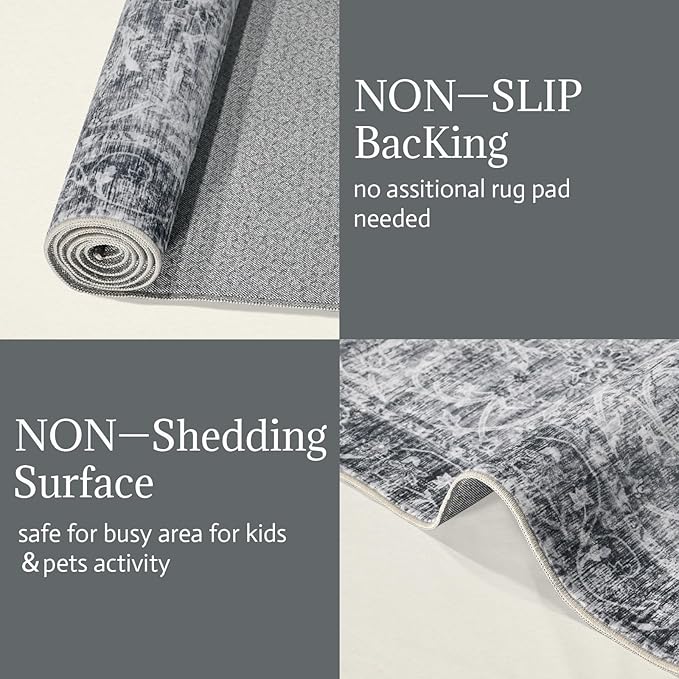 Washable Area Rugs 5'x7' Non-Slip Vintage Boho Distressed Fade Resistant Low Pile Carpet for High-Traffic Living Room, Bedroom & Dining Room
